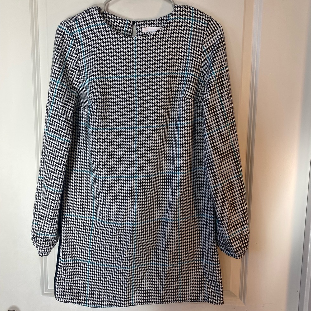 Zara Black and White Houndstooth Mini Dress with Light Blue Windowpane